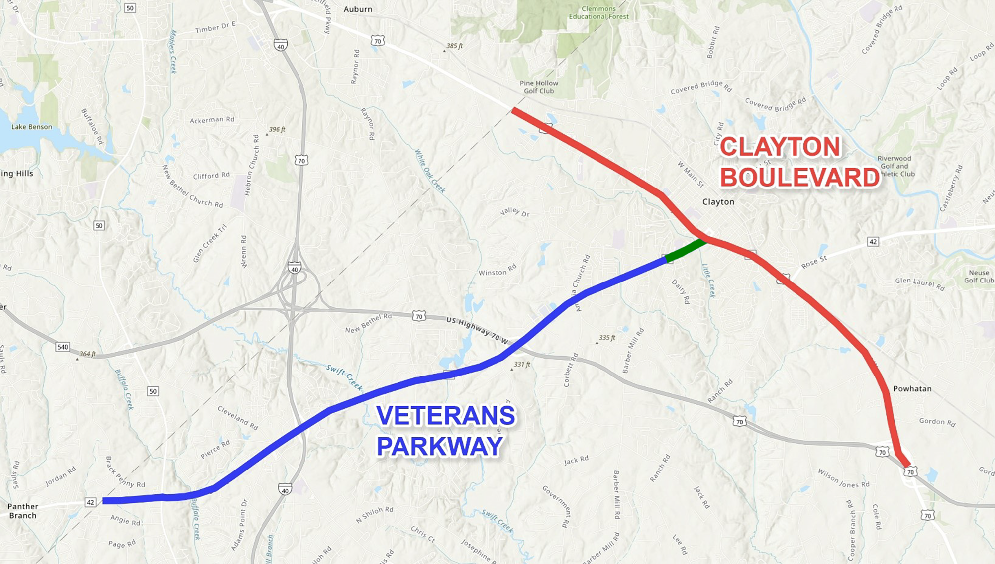 Map showing renamed roadways by Town of Clayton and Johnston County
